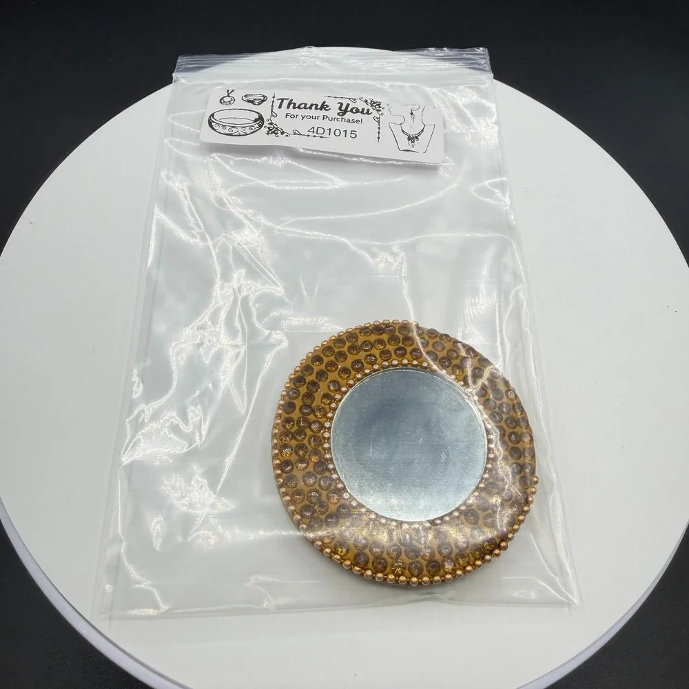 Gold & Amber Tone Rhinestone Round Pocket Purse Mirror Beaded Boho Vanity Decor